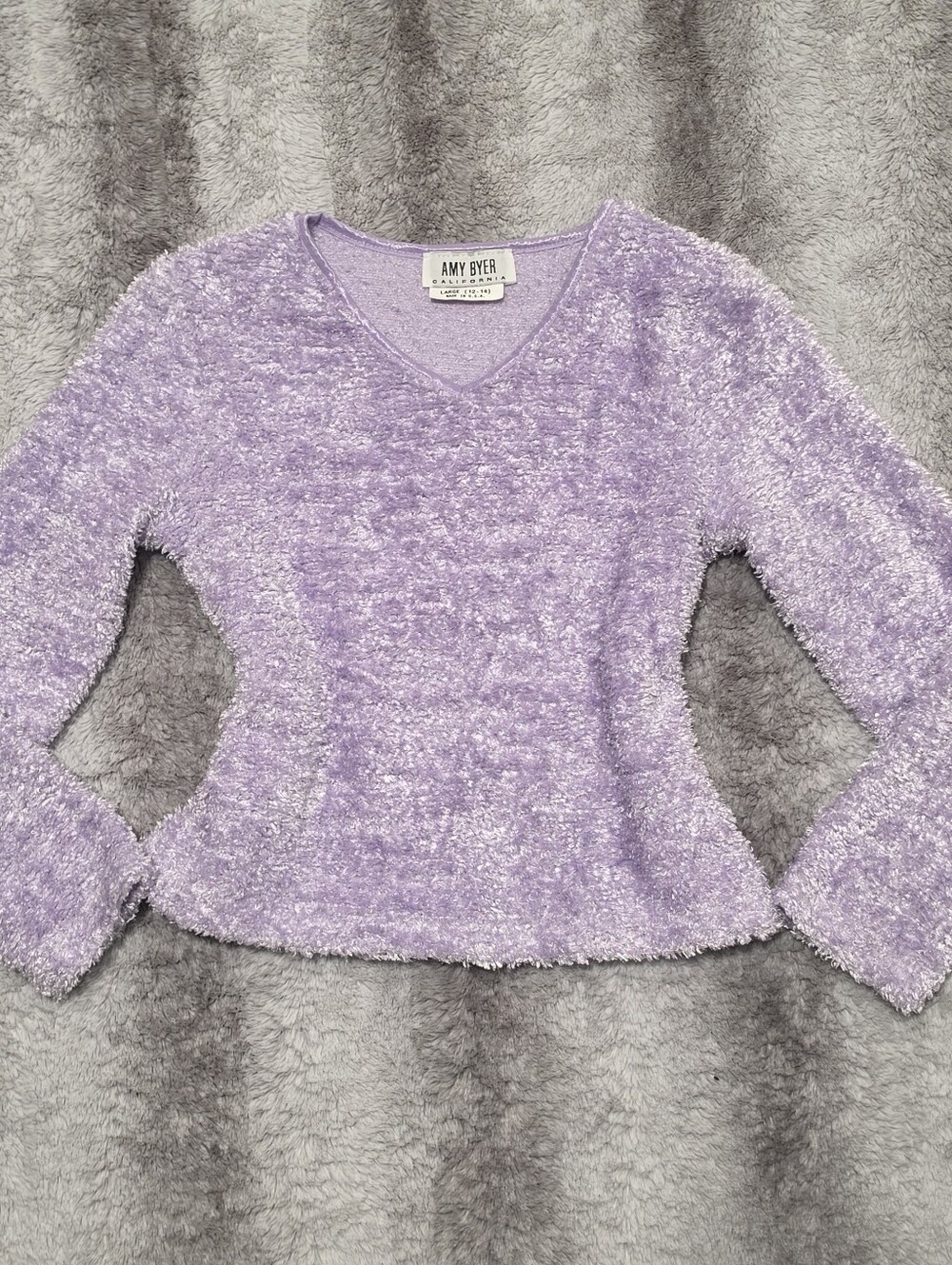 Vintage 90s Amy Byer Lavender Purple Fuzzy Sweater V-Neck Top Large